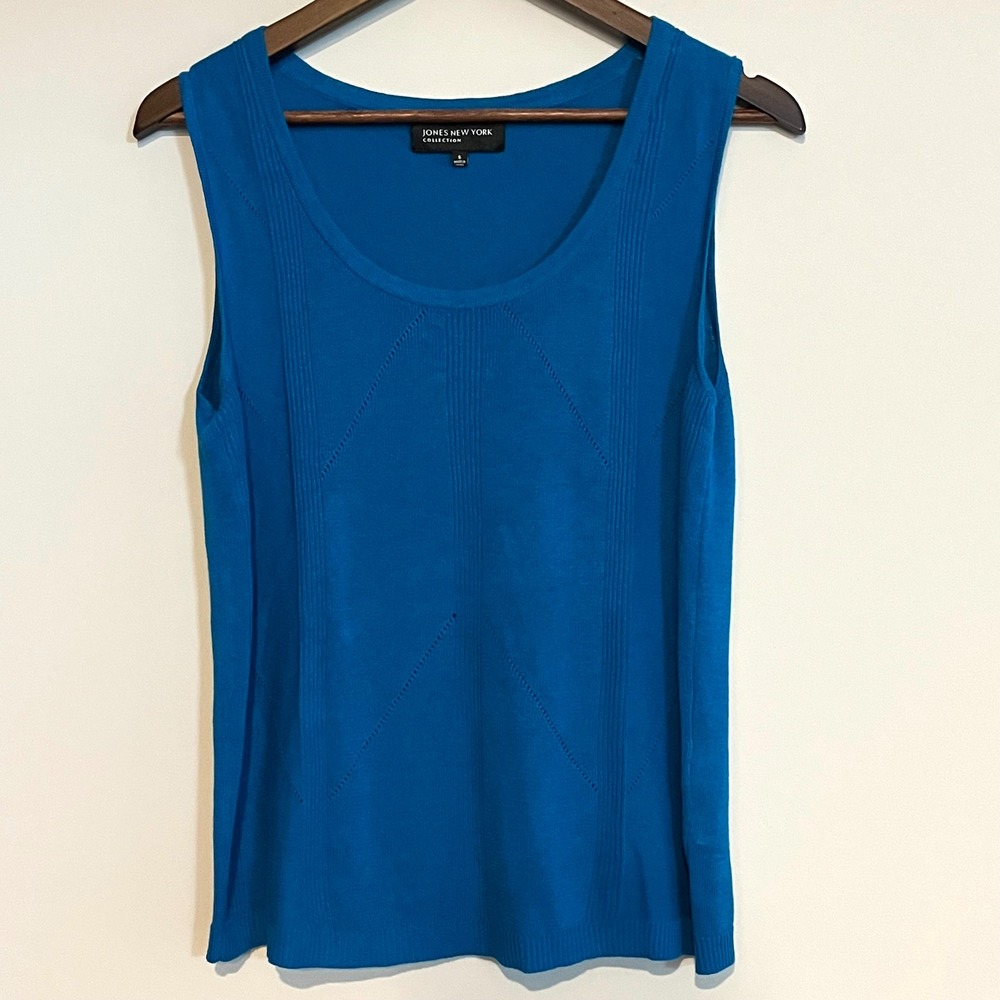 Jones New York Collection Blue Linen Blend Knit Tank Top Scoop Neck Sleeveless S
